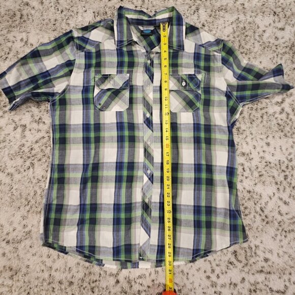 Burnside SZ 2XL Short Sleeve Blue Green Plaid Collared Button Up Country Shirt - Picture 8 of 8